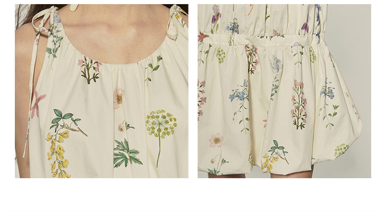 Tie-Strapped Floral Holiday Dress With Balloon Hem