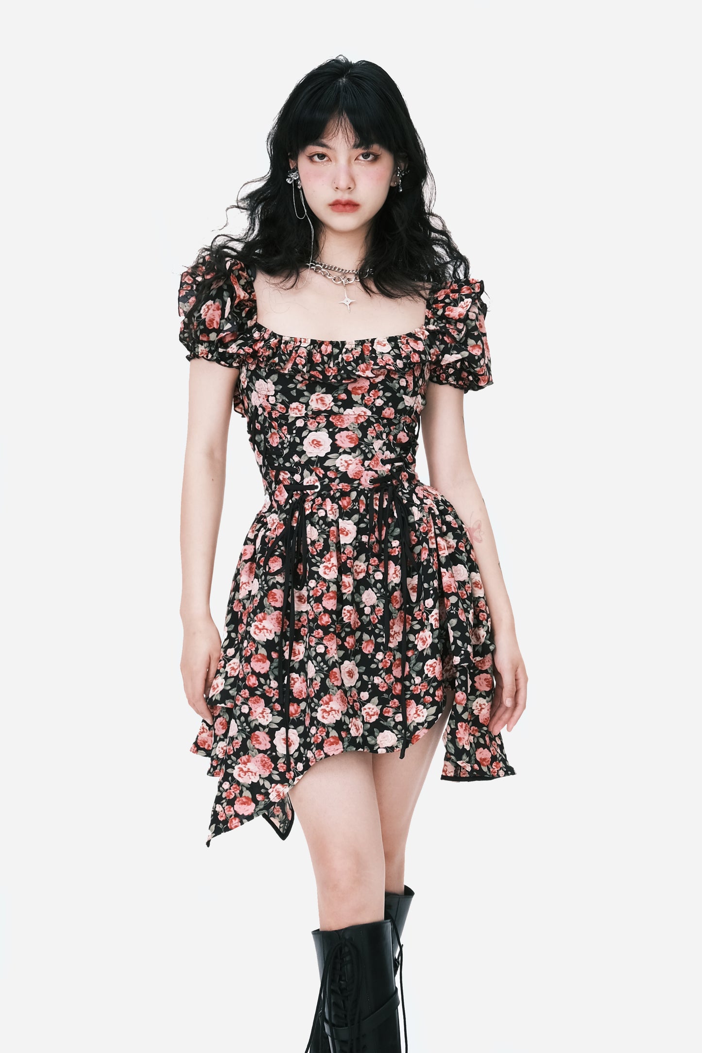 Puff Sleeve Asymmetrical Hem Corset Rose Dress