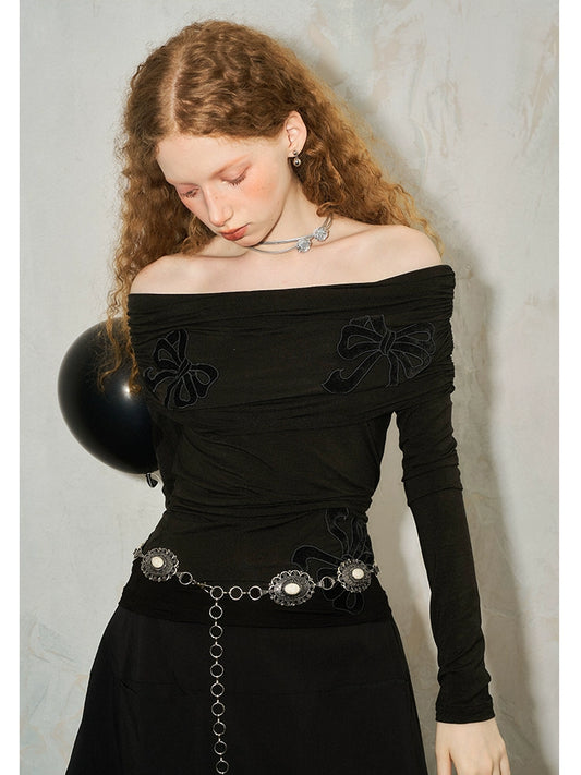 Bow Hollow Patch Embroidered Off Shoulder Long-Sleeved Shirt