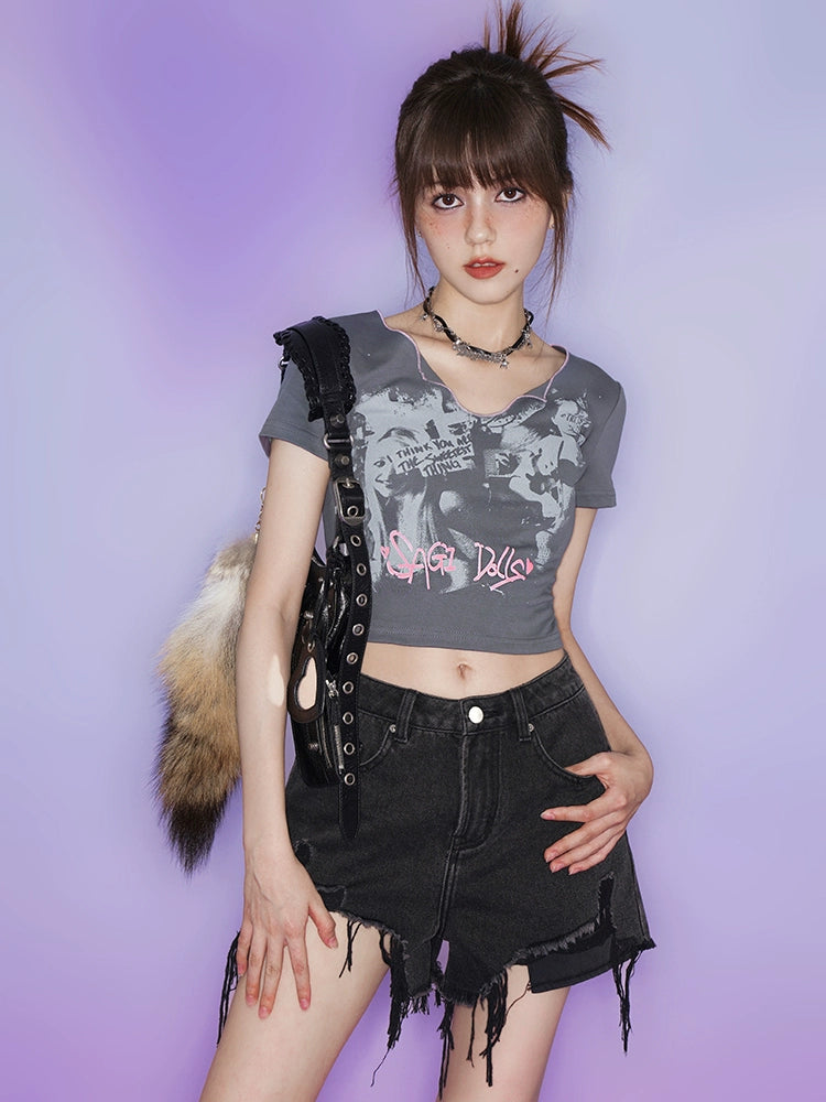 Piping Neck Cropped Print Fitted Baby Tee