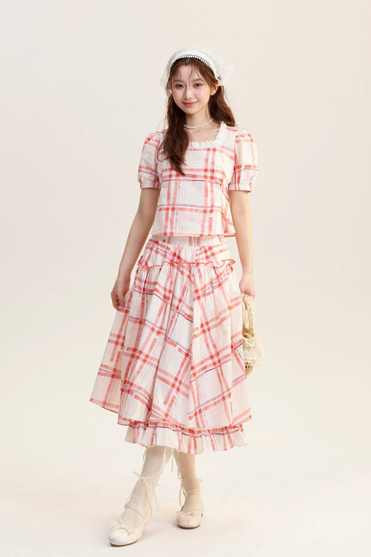 Plaid Square-Neck Blouse & Matching Volume Skirt