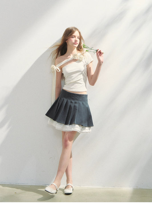 Asymmetric One Shoulder Rose Detail Top