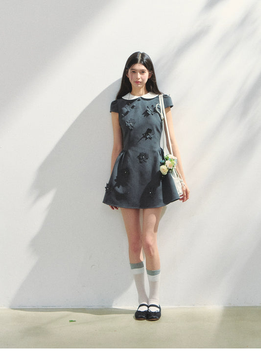 Round-Collar Mini Dress With Floral Embellishments