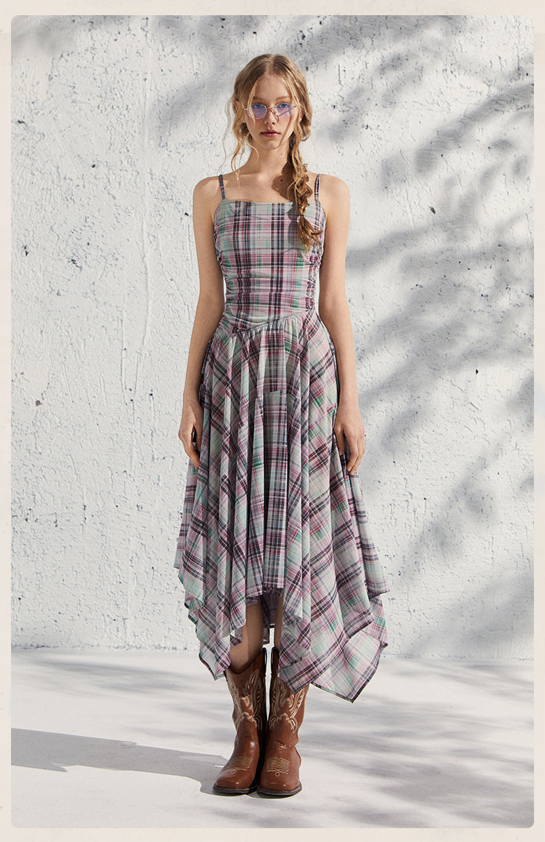 Plaid Mesh Camisole Dress With Adjustable Straps