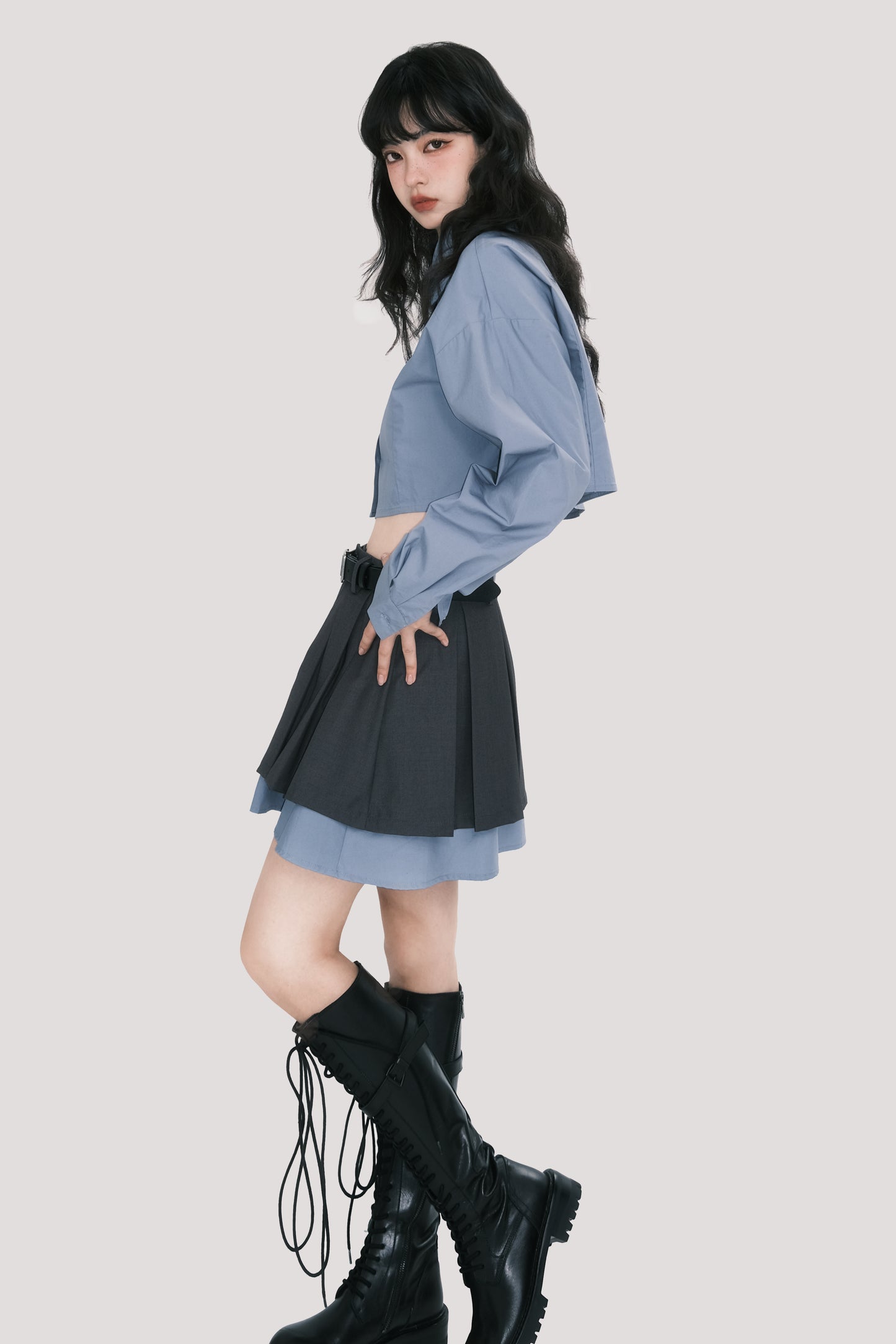 Cropped Cotton Shirt And Low-Rise Layered Skirt