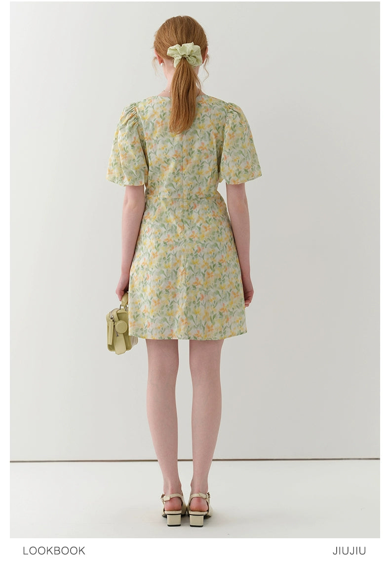 Bubble Sleeve V-Neck Floral Mini Dress