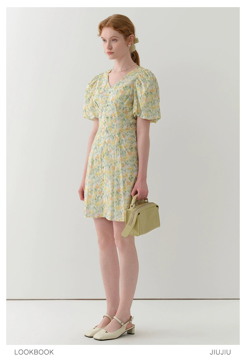 Bubble Sleeve V-Neck Floral Mini Dress