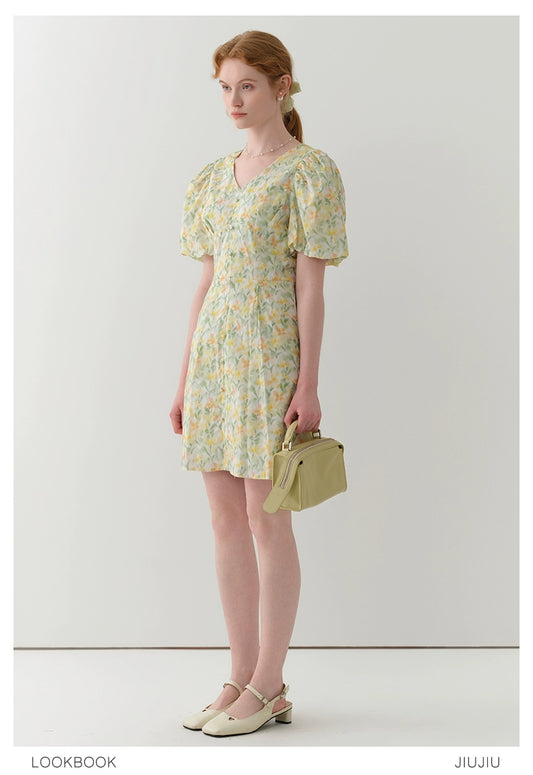 Bubble Sleeve V-Neck Floral Mini Dress