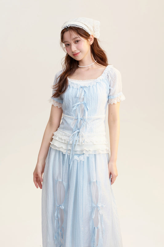 Tie Detail Sheer Blouse, Skirt & Ruffled Camisole