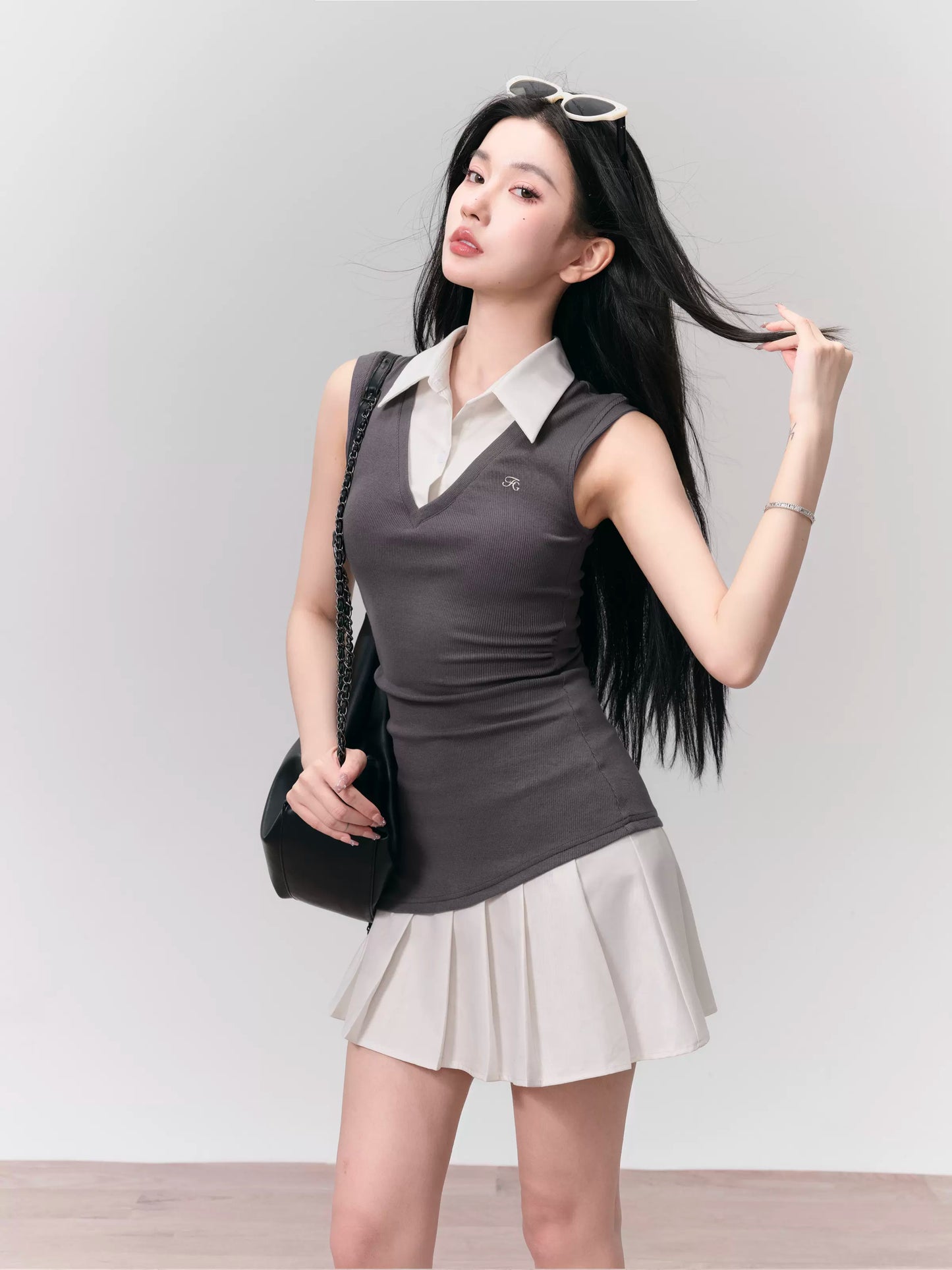 Vest And Shirt Contrast Faux Two-Piece Mini Pleated Dress