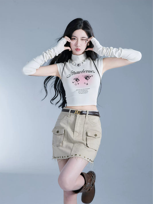 Kawaii Anime Eyes Print Top With Detachable Arm Sleeves