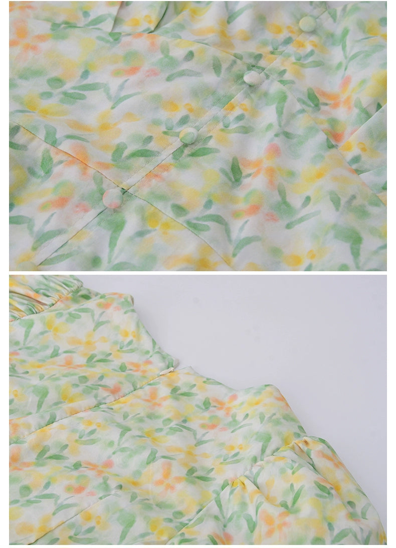 Bubble Sleeve V-Neck Floral Mini Dress