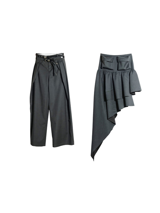 Double Waist Pants With Belt / Asymmetric Pocket Skirt