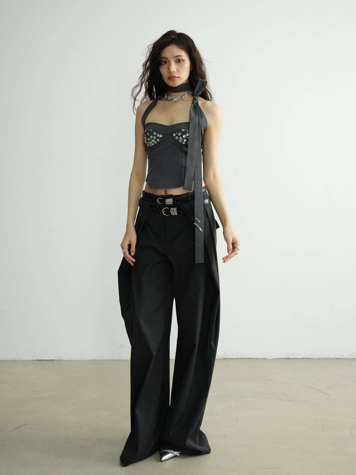 Double Waist Pants With Belt / Asymmetric Pocket Skirt