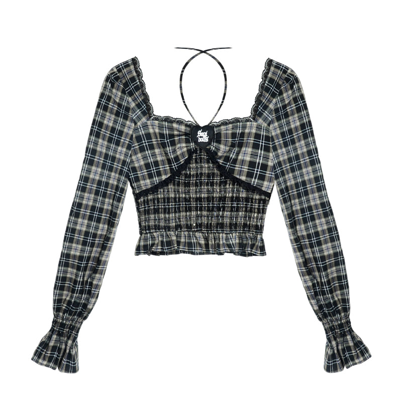 Smocked Plaid Crop Blouse With Puff Sleeves