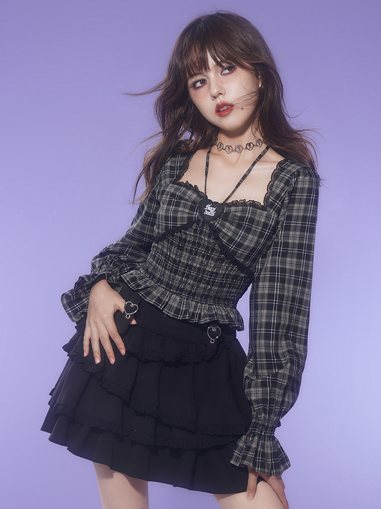 Smocked Plaid Crop Blouse With Puff Sleeves