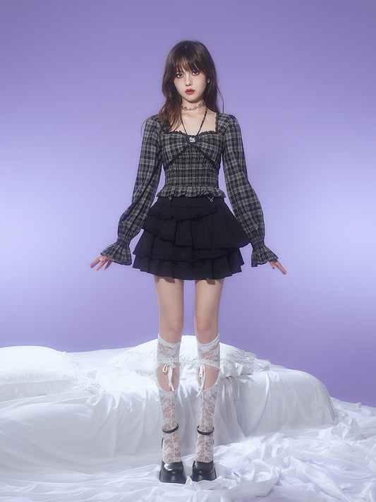 Smocked Plaid Crop Blouse With Puff Sleeves