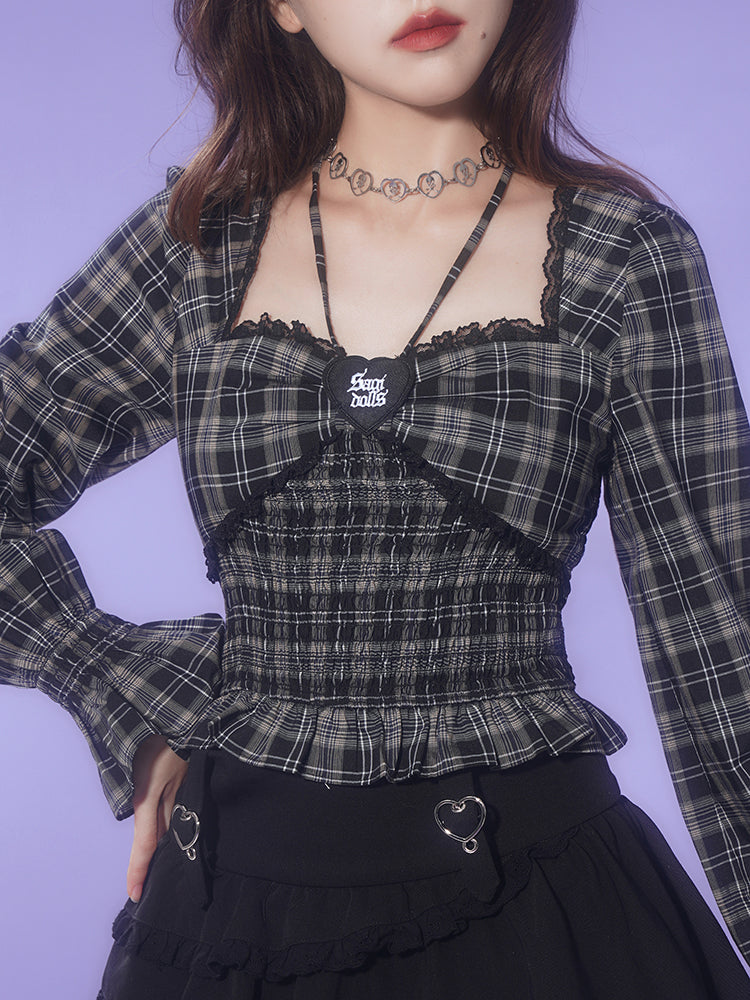 Smocked Plaid Crop Blouse With Puff Sleeves