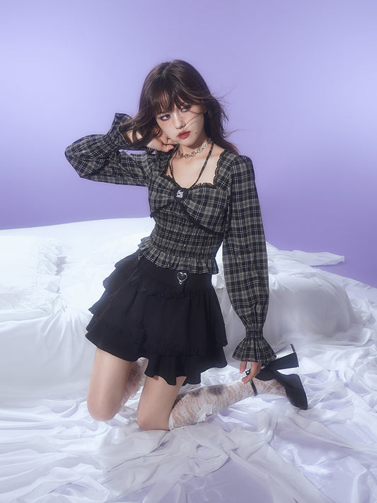 Smocked Plaid Crop Blouse With Puff Sleeves