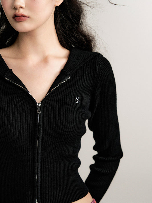 Merino Wool Blend Dual Zip Hooded Knit Top