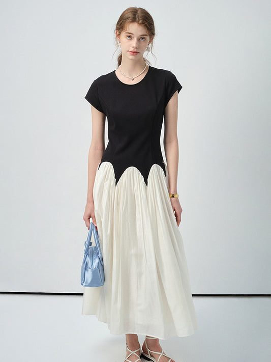 Two-Tone Scalloped Waist Maxi Dress