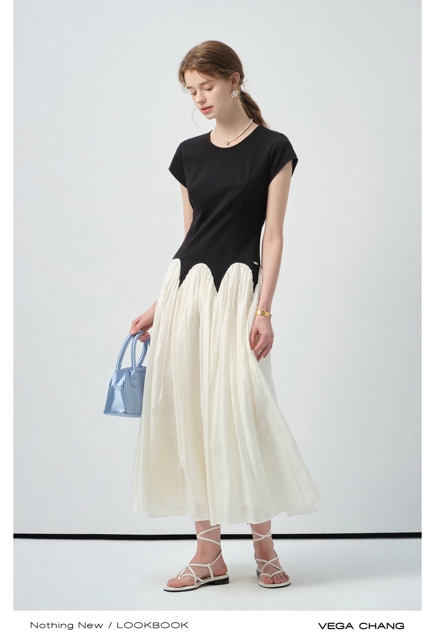 Two-Tone Scalloped Waist Maxi Dress