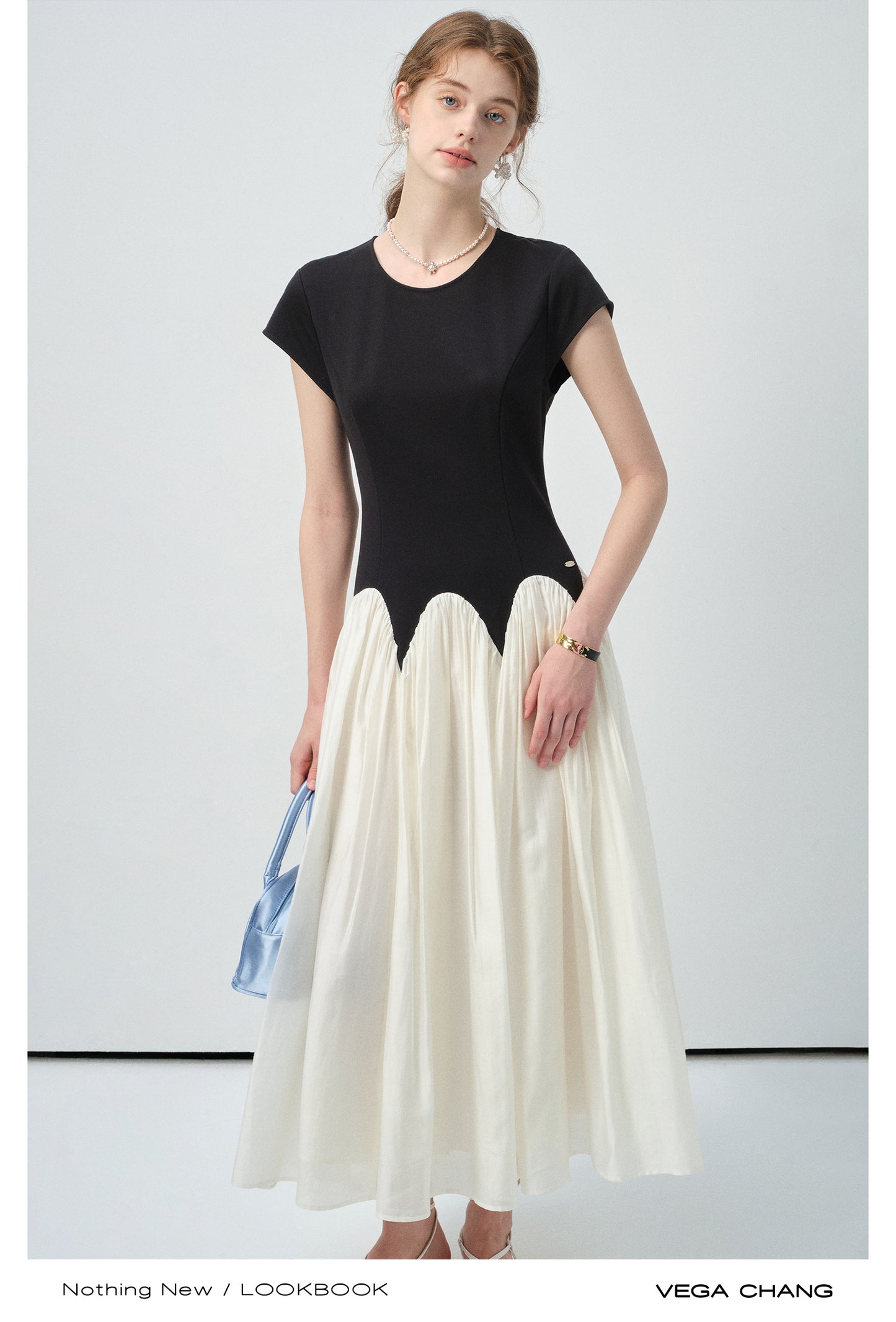 Two-Tone Scalloped Waist Maxi Dress