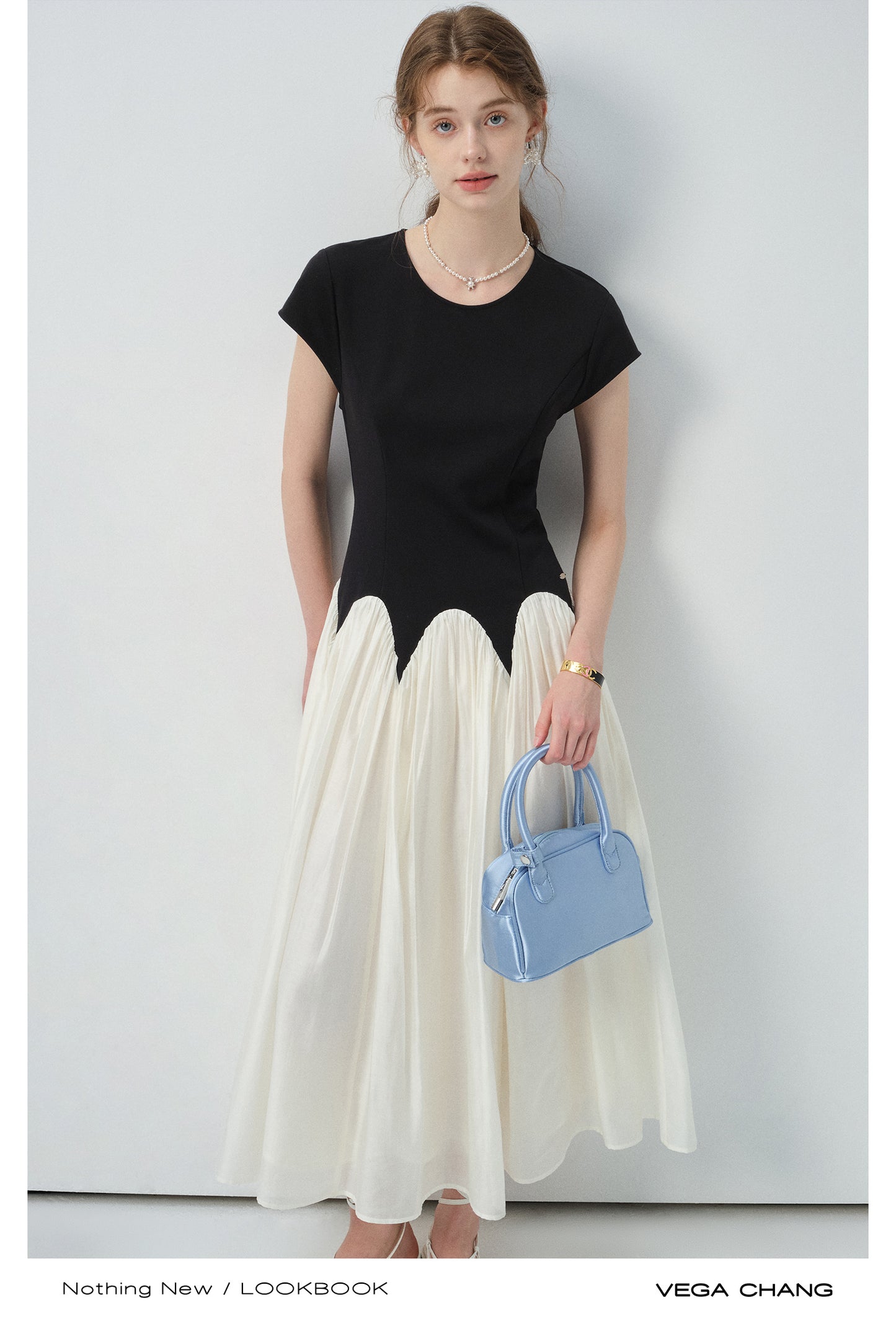 Two-Tone Scalloped Waist Maxi Dress