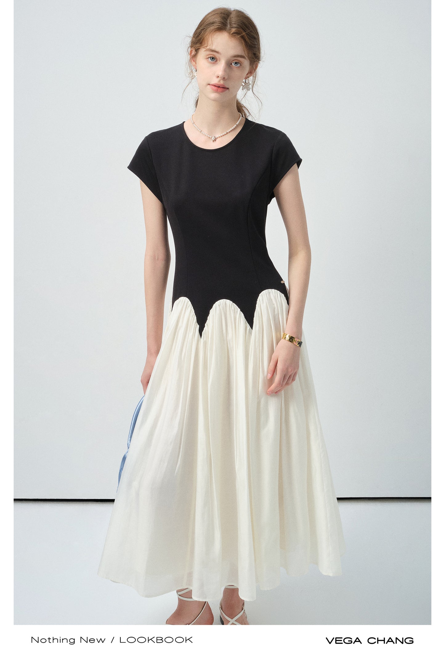 Two-Tone Scalloped Waist Maxi Dress