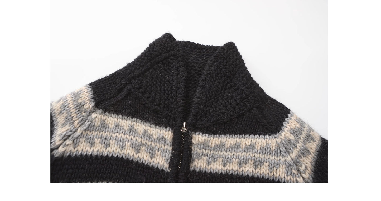 Nordic Deer Pattern Merino Wool Zip-Up Sweater