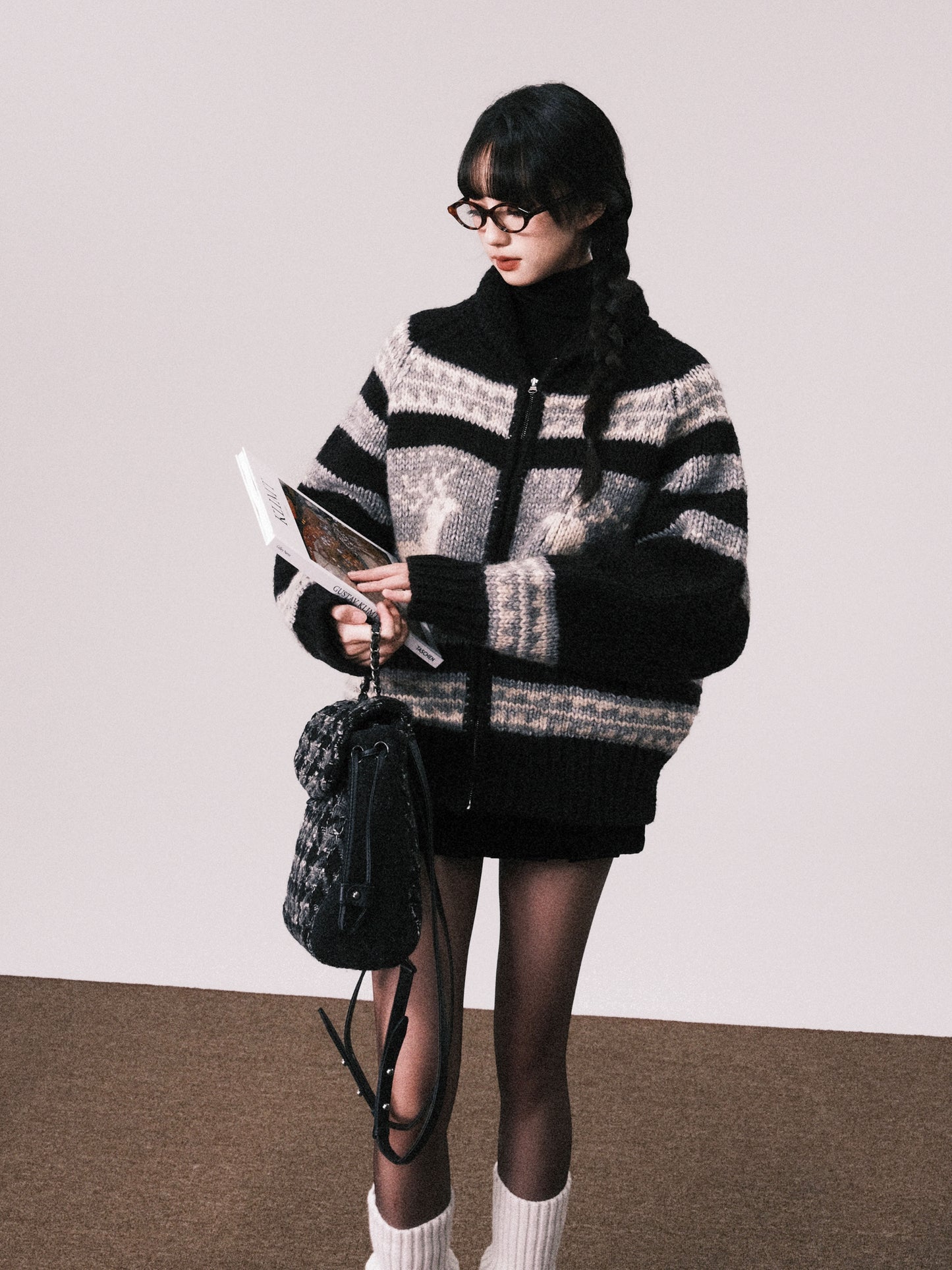 Nordic Deer Pattern Merino Wool Zip-Up Sweater