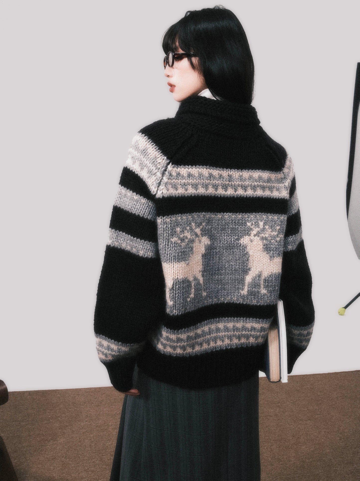Nordic Deer Pattern Merino Wool Zip-Up Sweater