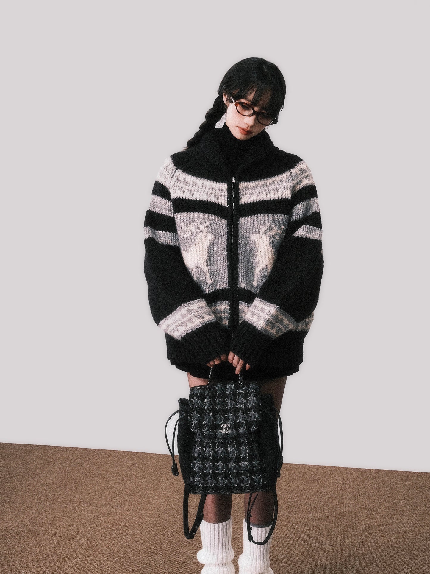 Nordic Deer Pattern Merino Wool Zip-Up Sweater