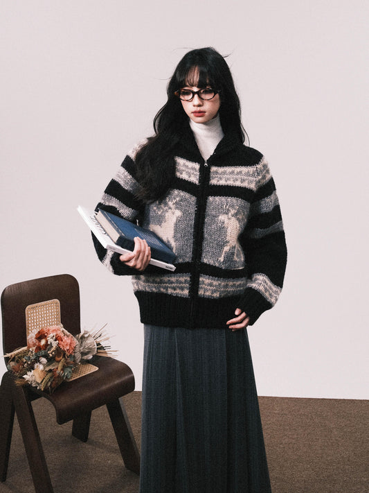 Nordic Deer Pattern Merino Wool Zip-Up Sweater