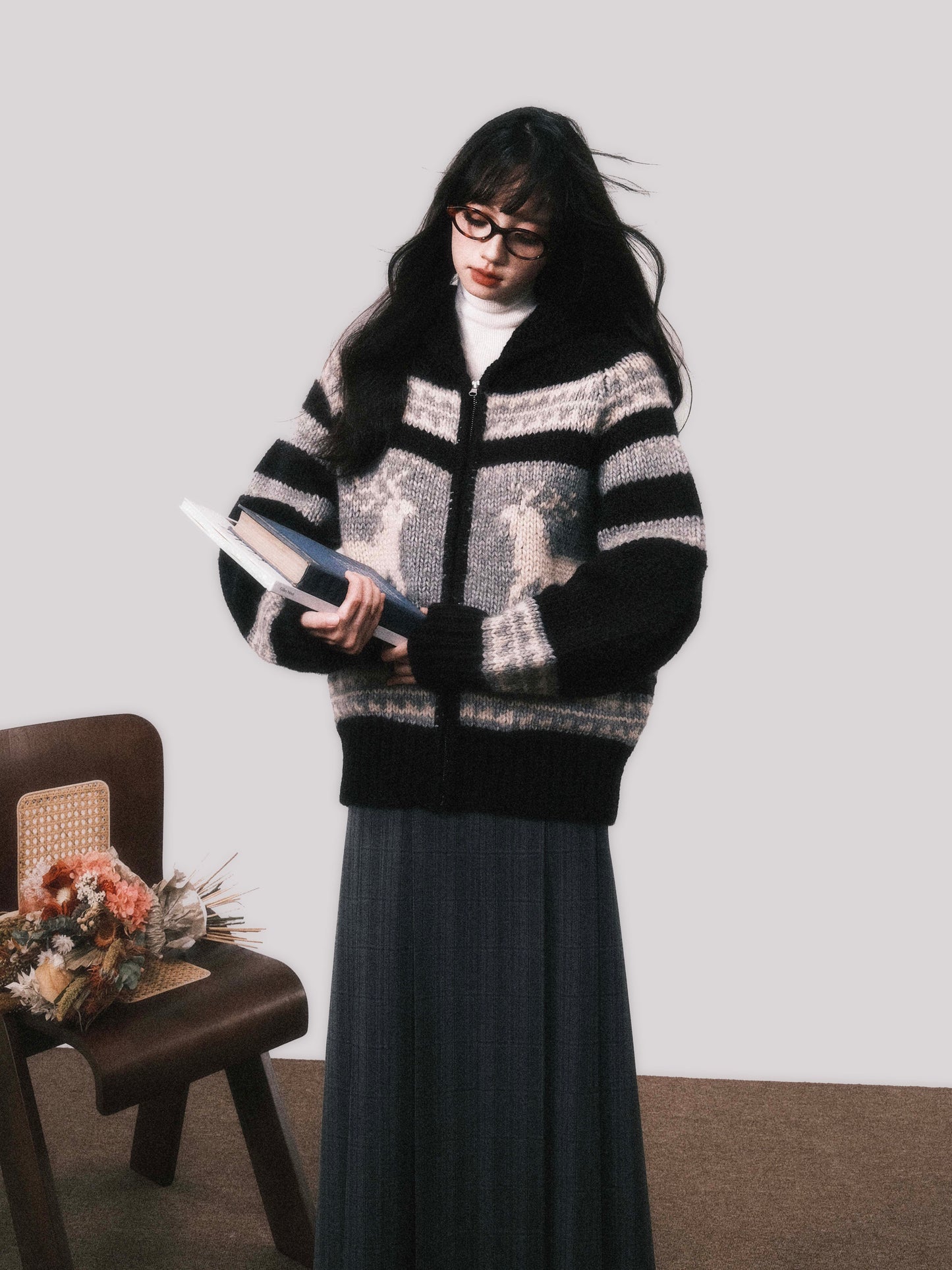 Nordic Deer Pattern Merino Wool Zip-Up Sweater