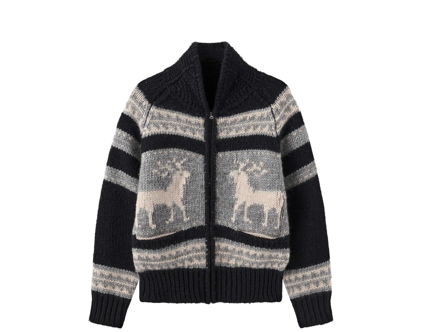 Nordic Deer Pattern Merino Wool Zip-Up Sweater