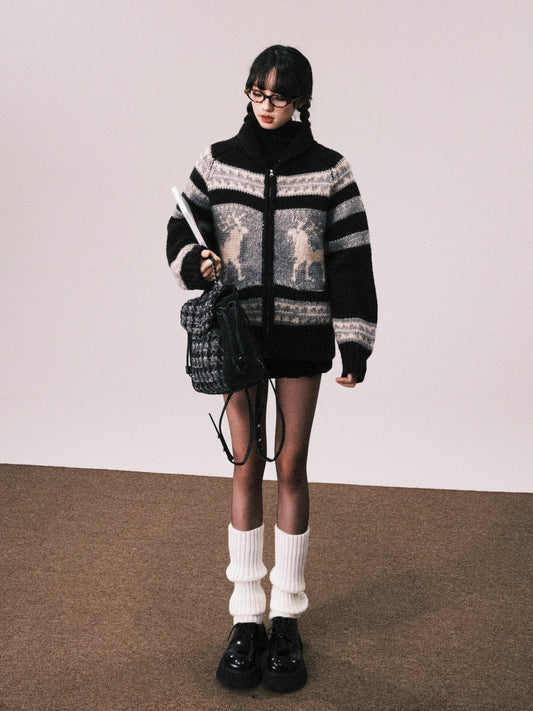 Nordic Deer Pattern Merino Wool Zip-Up Sweater