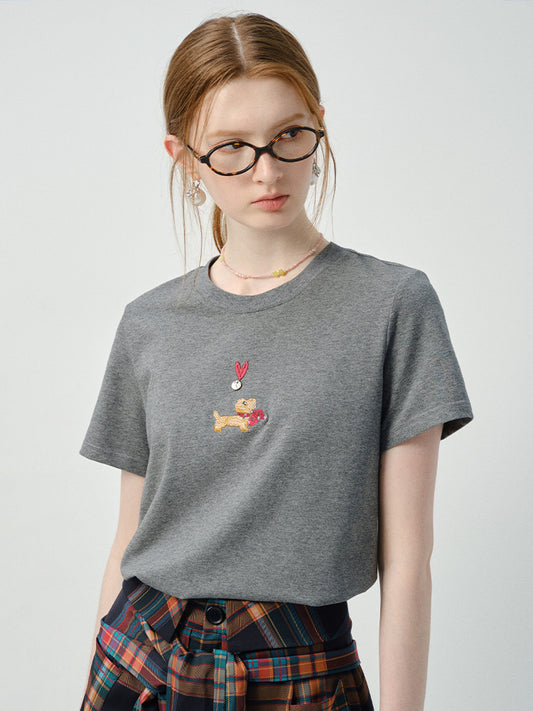 Puppy-Embroidered T-Shirt & Plaid Open-Front Skirt