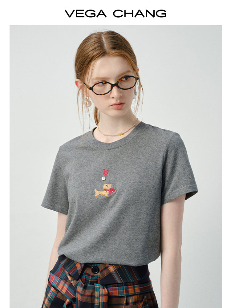 Puppy-Embroidered T-Shirt & Plaid Open-Front Skirt