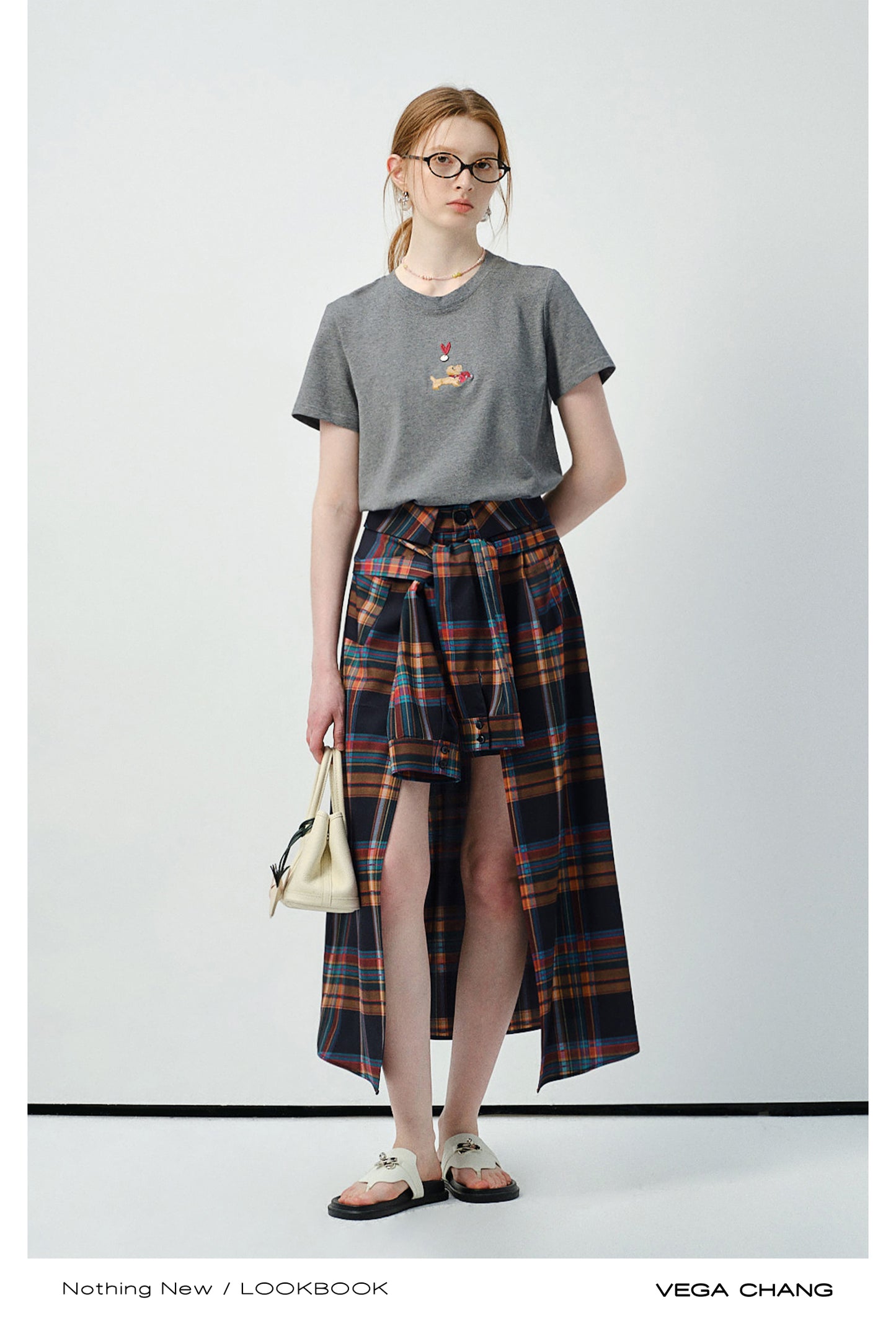 Puppy-Embroidered T-Shirt & Plaid Open-Front Skirt
