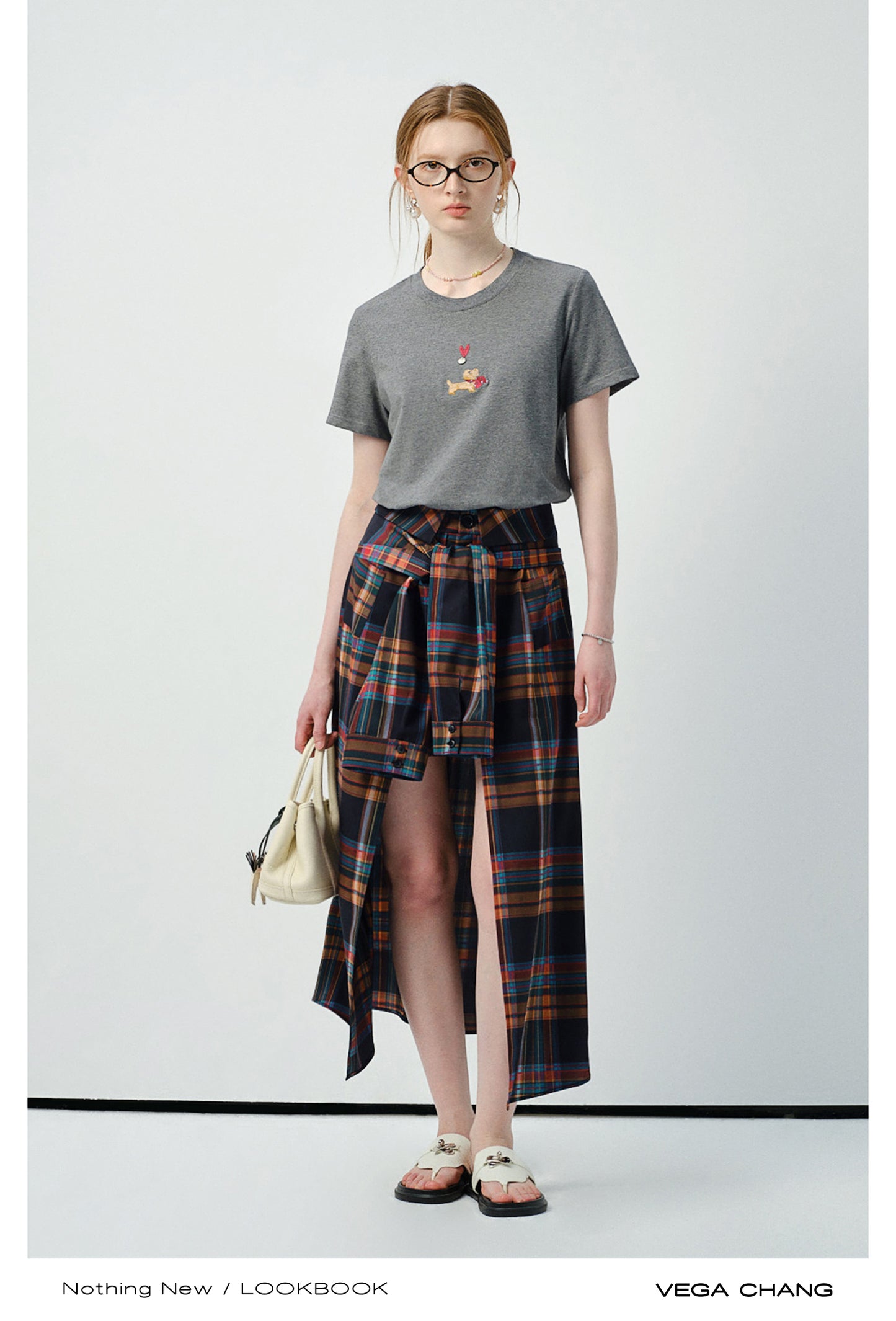 Puppy-Embroidered T-Shirt & Plaid Open-Front Skirt