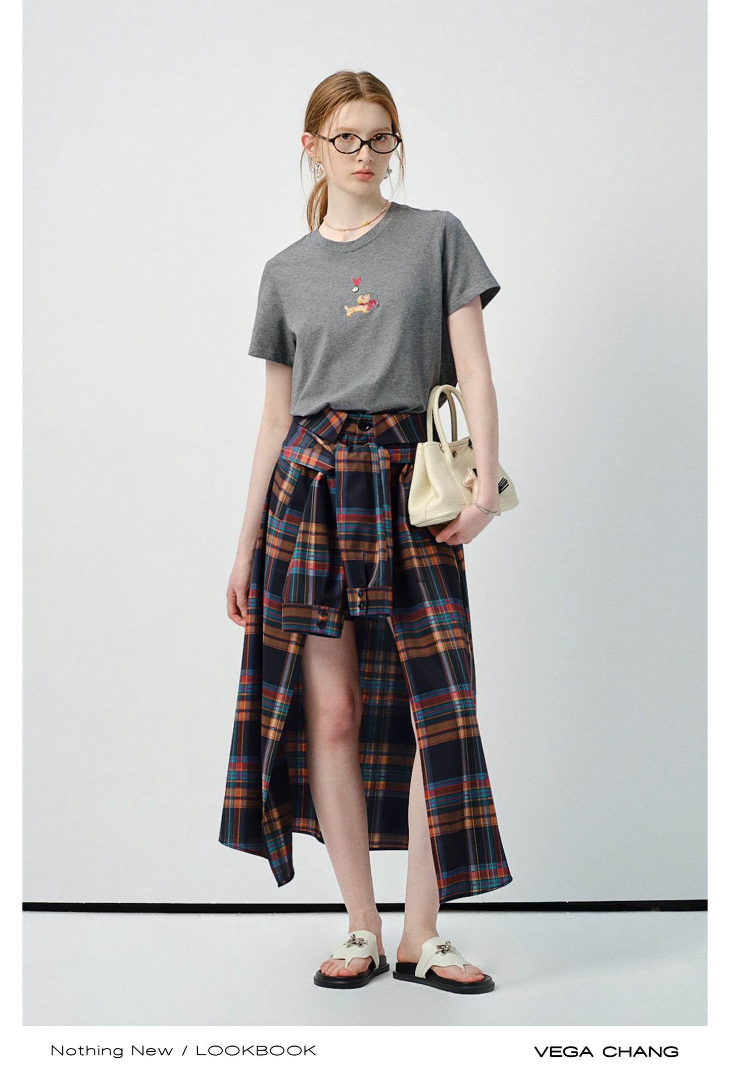 Puppy-Embroidered T-Shirt & Plaid Open-Front Skirt