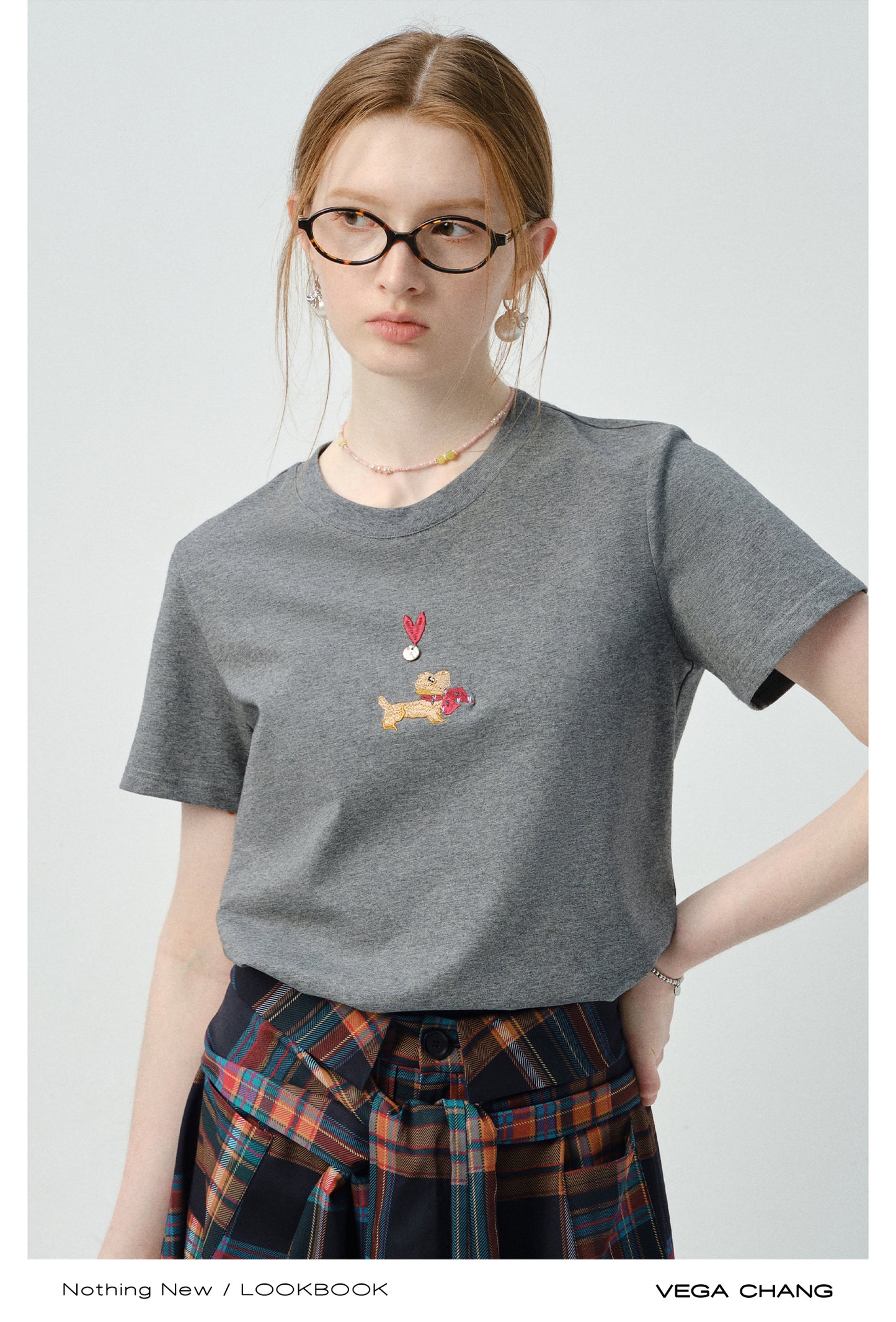 Puppy-Embroidered T-Shirt & Plaid Open-Front Skirt