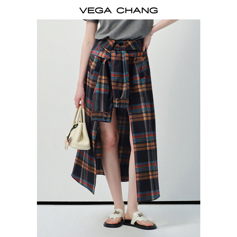 Puppy-Embroidered T-Shirt & Plaid Open-Front Skirt