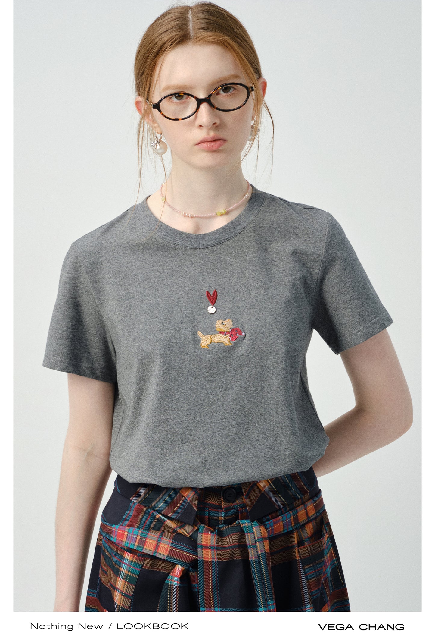 Puppy-Embroidered T-Shirt & Plaid Open-Front Skirt