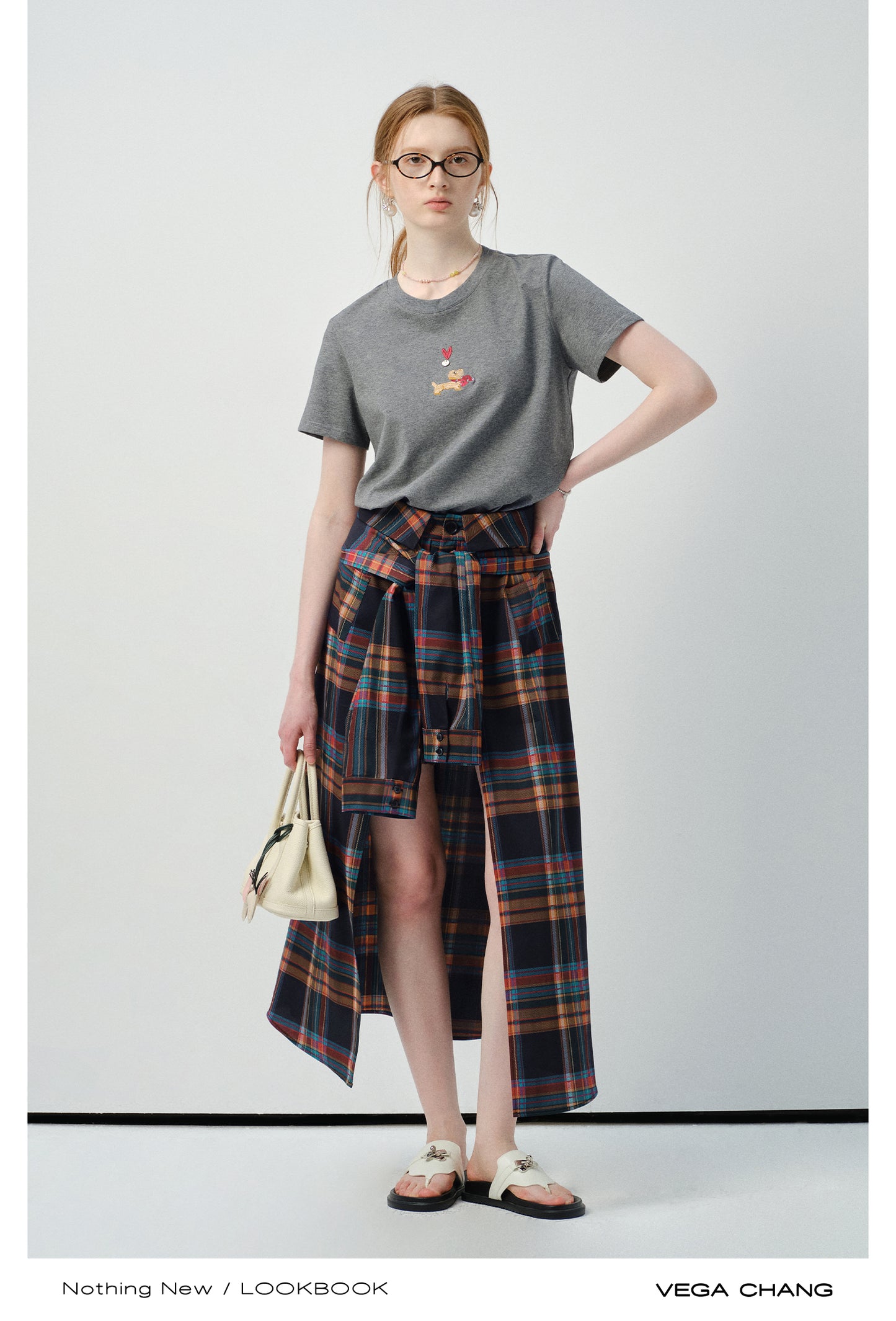 Puppy-Embroidered T-Shirt & Plaid Open-Front Skirt