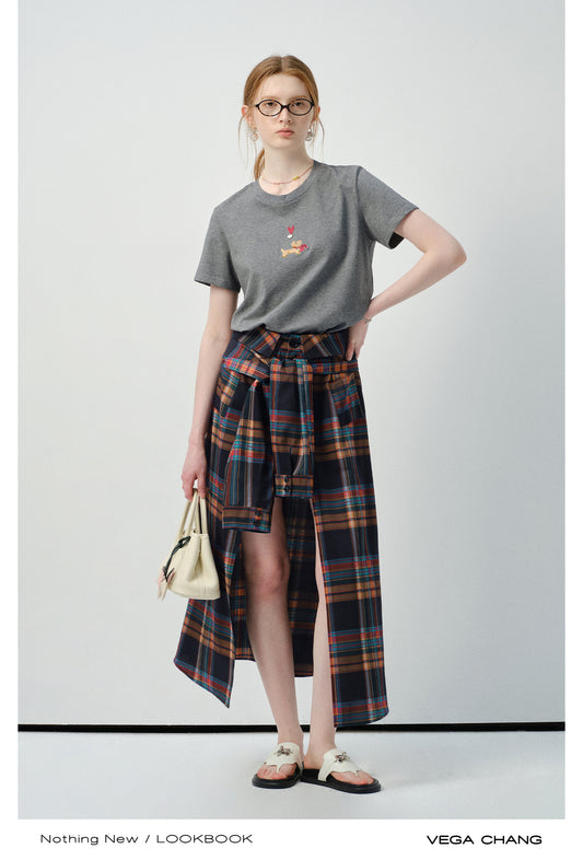 Puppy-Embroidered T-Shirt & Plaid Open-Front Skirt