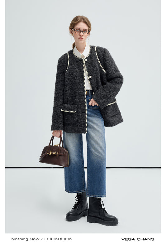 Wool Blend Stitch Trim Collarless Jacket