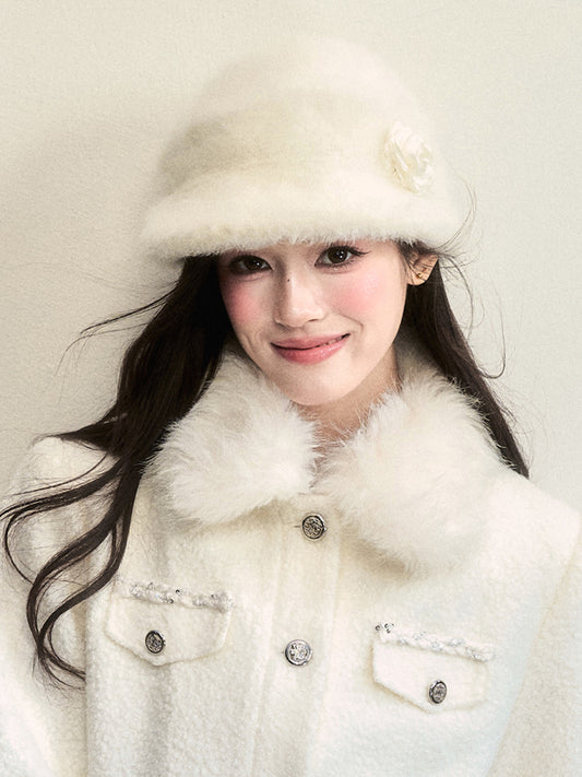 Soft Fur Bucket Hat With Decorative Flower