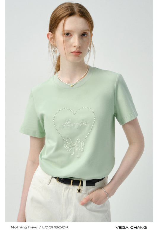 Cotton T-Shirt With Monotone Heart Motif